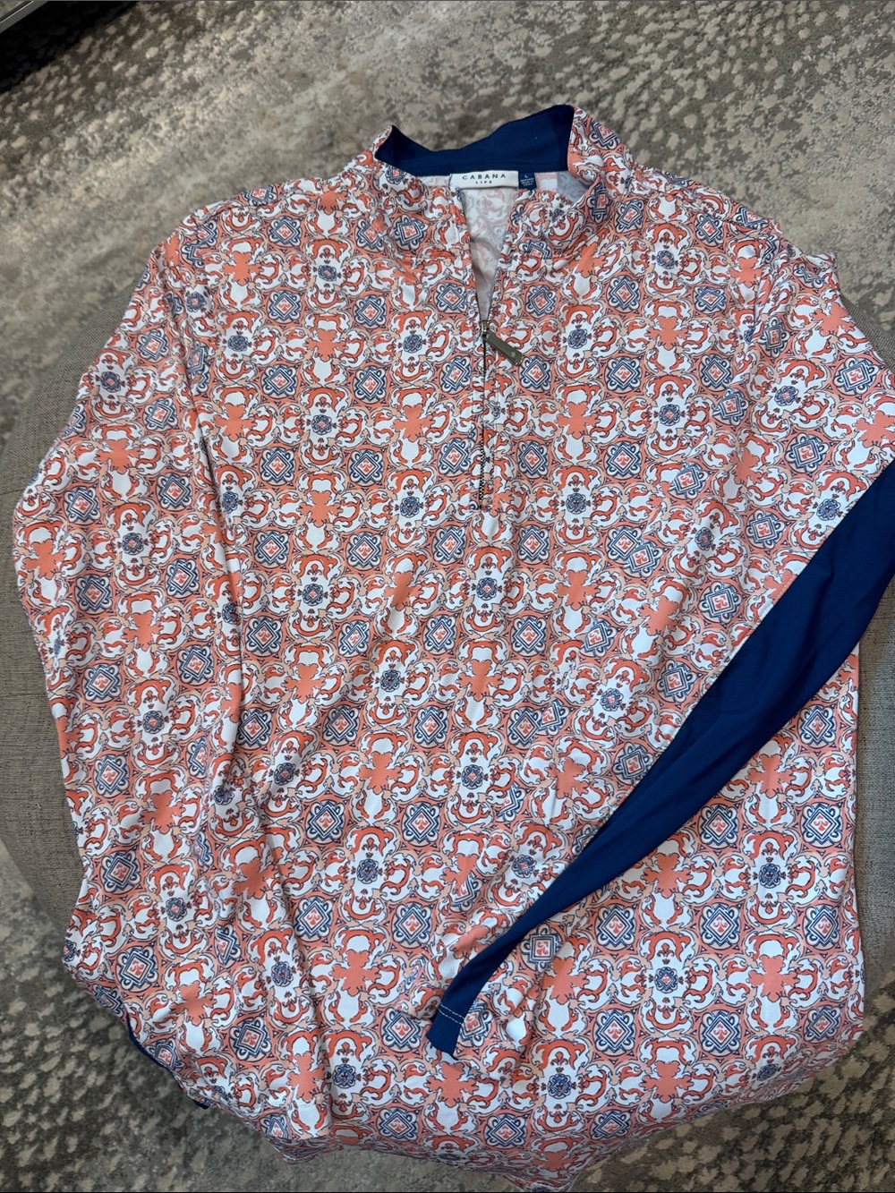 Cabana Life Coral & Navy Printed Quarter-Zip Shirt Rash Guard L